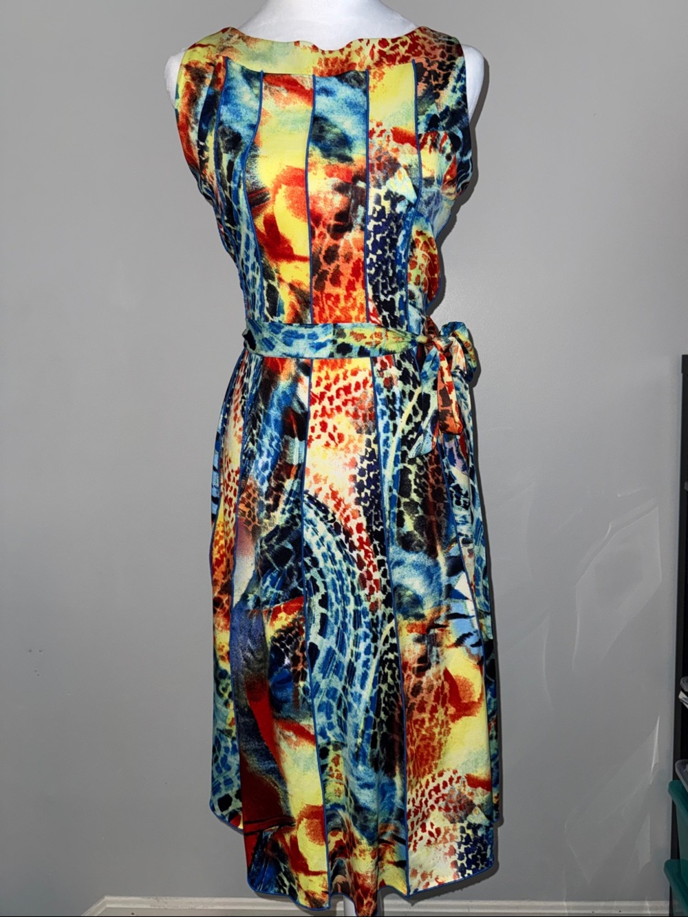 Ile New York Sleeveless Multicolor Printed Belted Midi Dress Sz 10